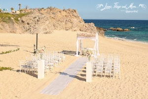 White on white ceremony set-up by the beach Cabo